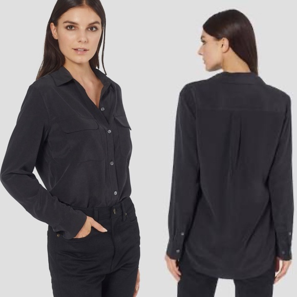 Equipment Tops - Equipment Femme Signature Silk Long Sleeve Collar Shirt 100% Silk S Black / Gray